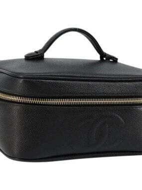 CHANEL Vanity Pouch Grained Calf Skin Black Gold CC Auth bs34489